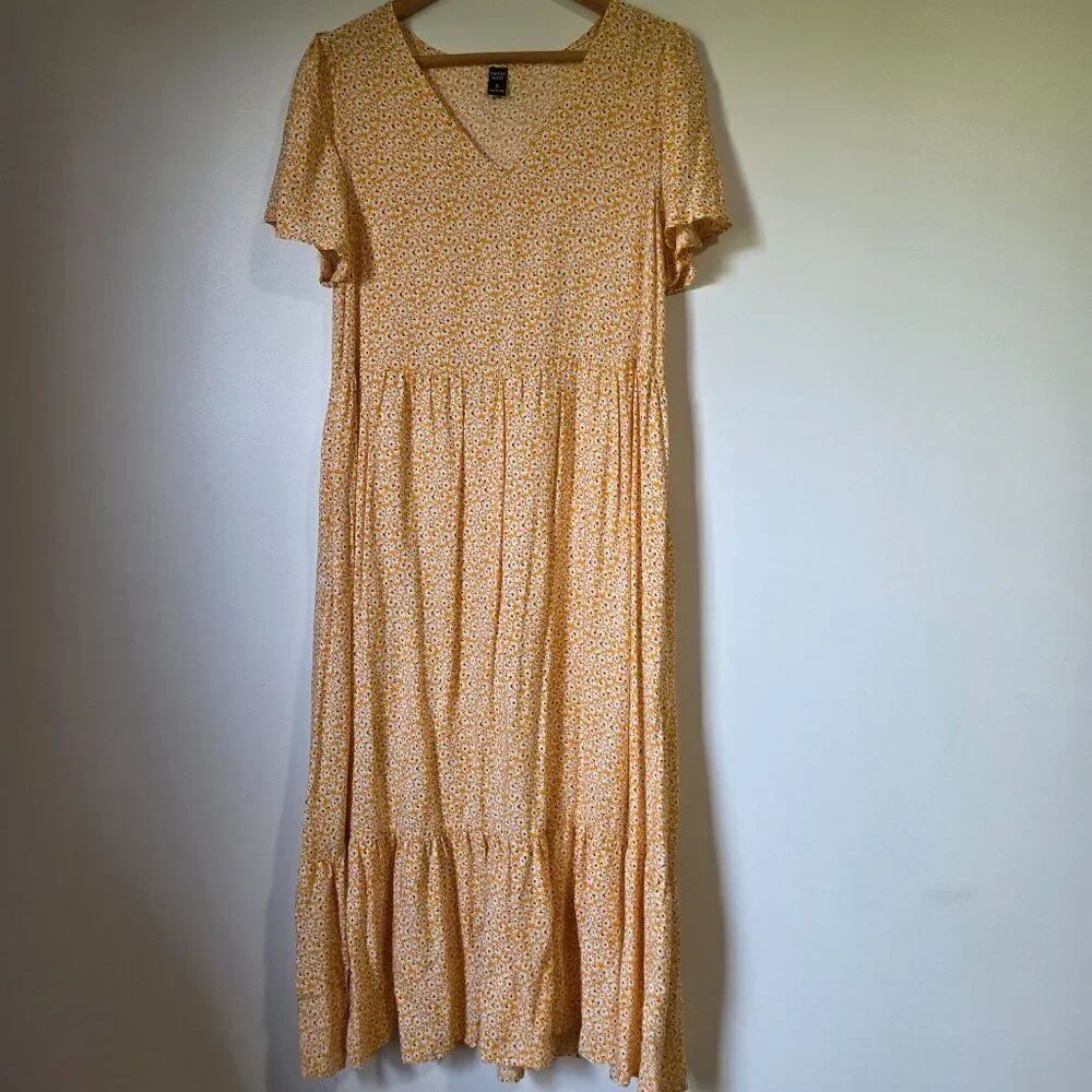 EUC LIKE NEW EMERY ROSE YELLOW DAISY PRINT FLORAL V NECK TIERED MAXI DRESS SZ XL